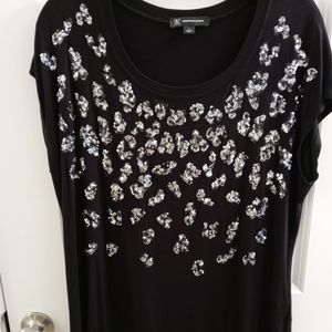 INC Black Short Sleeved Blouse with Rhinestones Women's Size Large